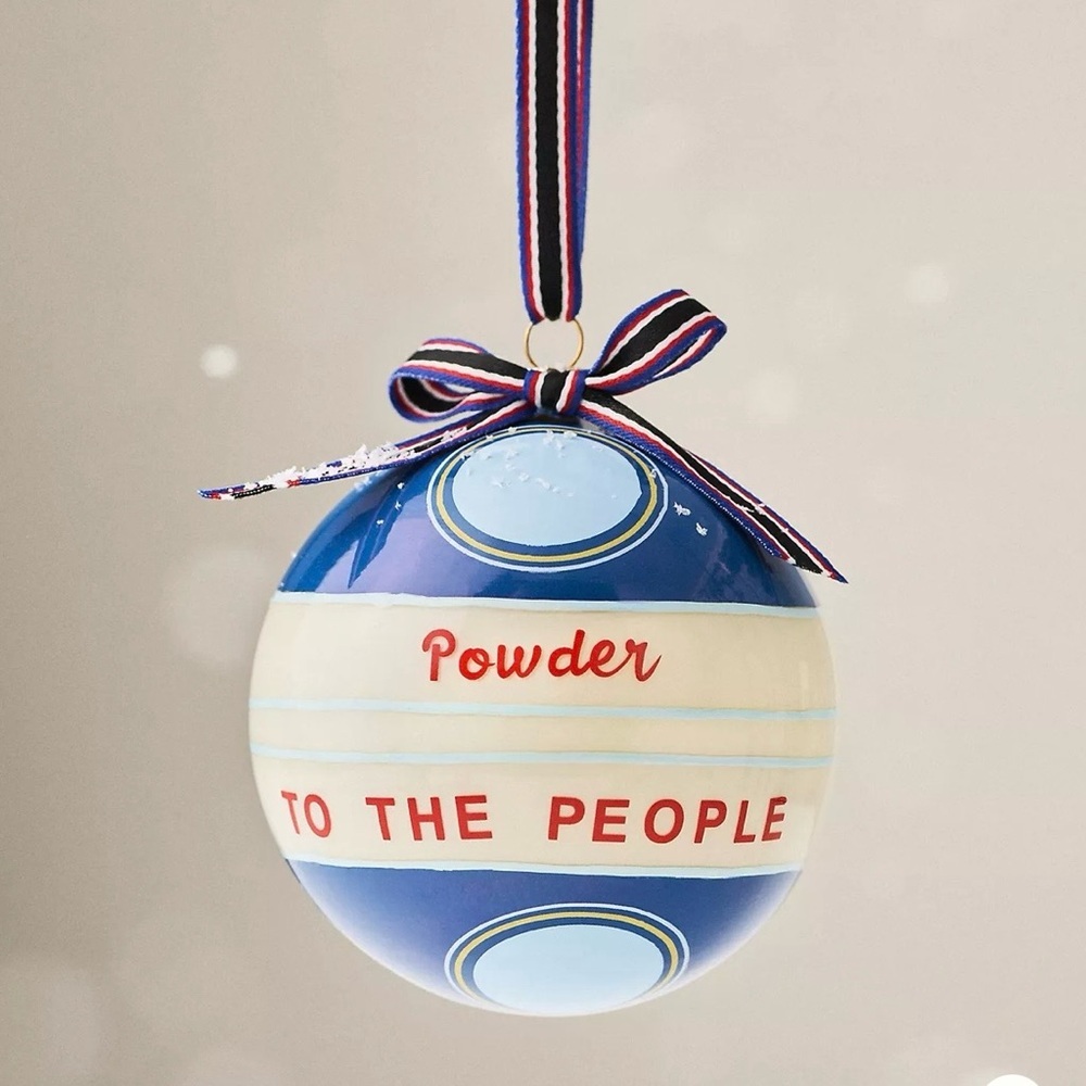 Anthropologie Go Sports Glass Ornament “Powder To The People” NWT 4”